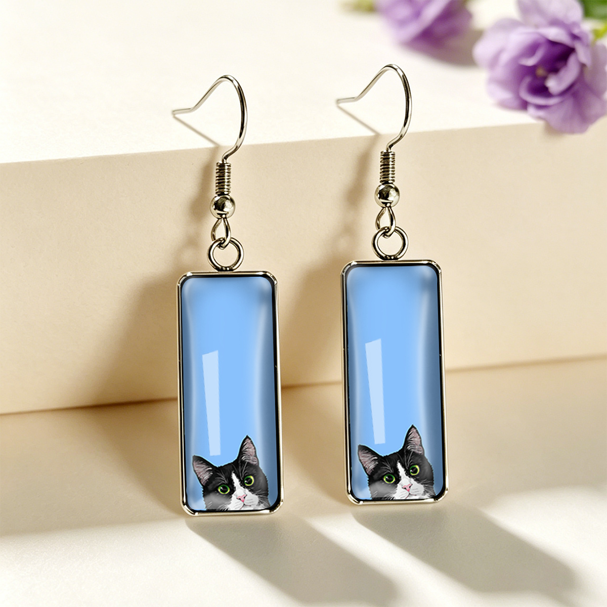 Women's Black And White Spotted Cats Rectangular Time Gem Earrings